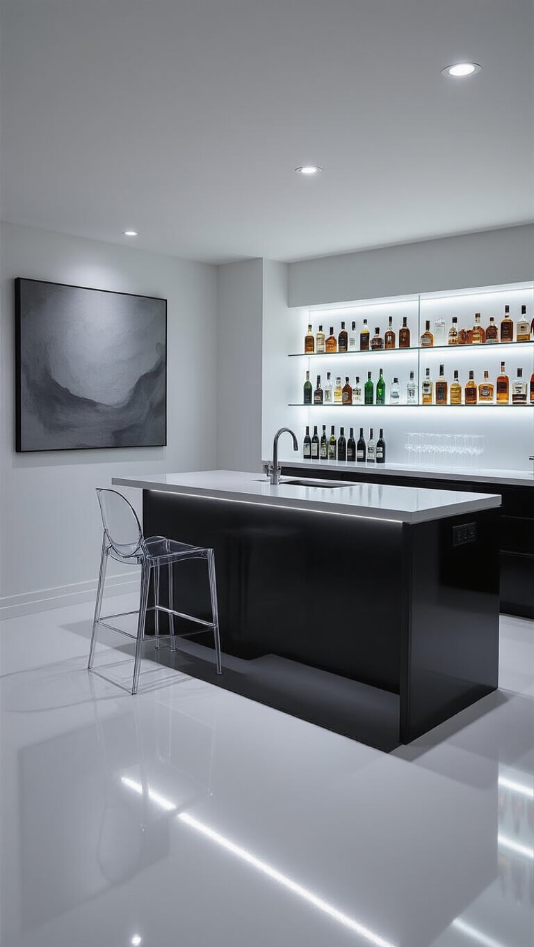 Modern minimalist basement bar with floating quartz bartop, matte black cabinets, ghost chairs, and backlit frosted glass shelves.