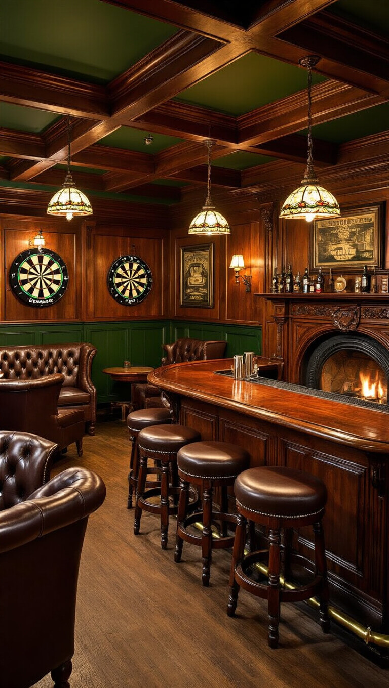 Classic English basement pub with mahogany paneling, green accents, carved wooden bar, leather seating, stained glass lighting, fireplace, and vintage decor.