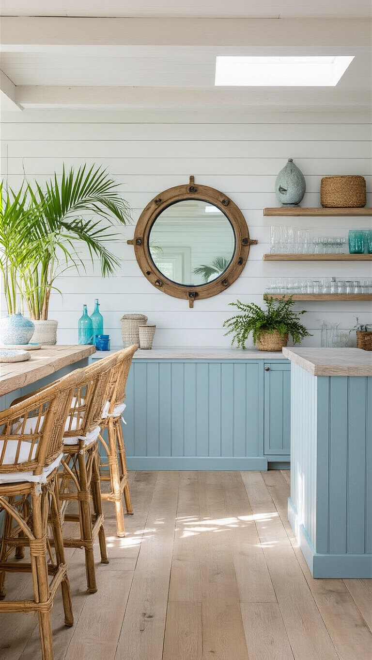 Coastal basement bar with white shiplap walls, pale blue accents, driftwood-style bar, rattan stools, and beach-themed decor.