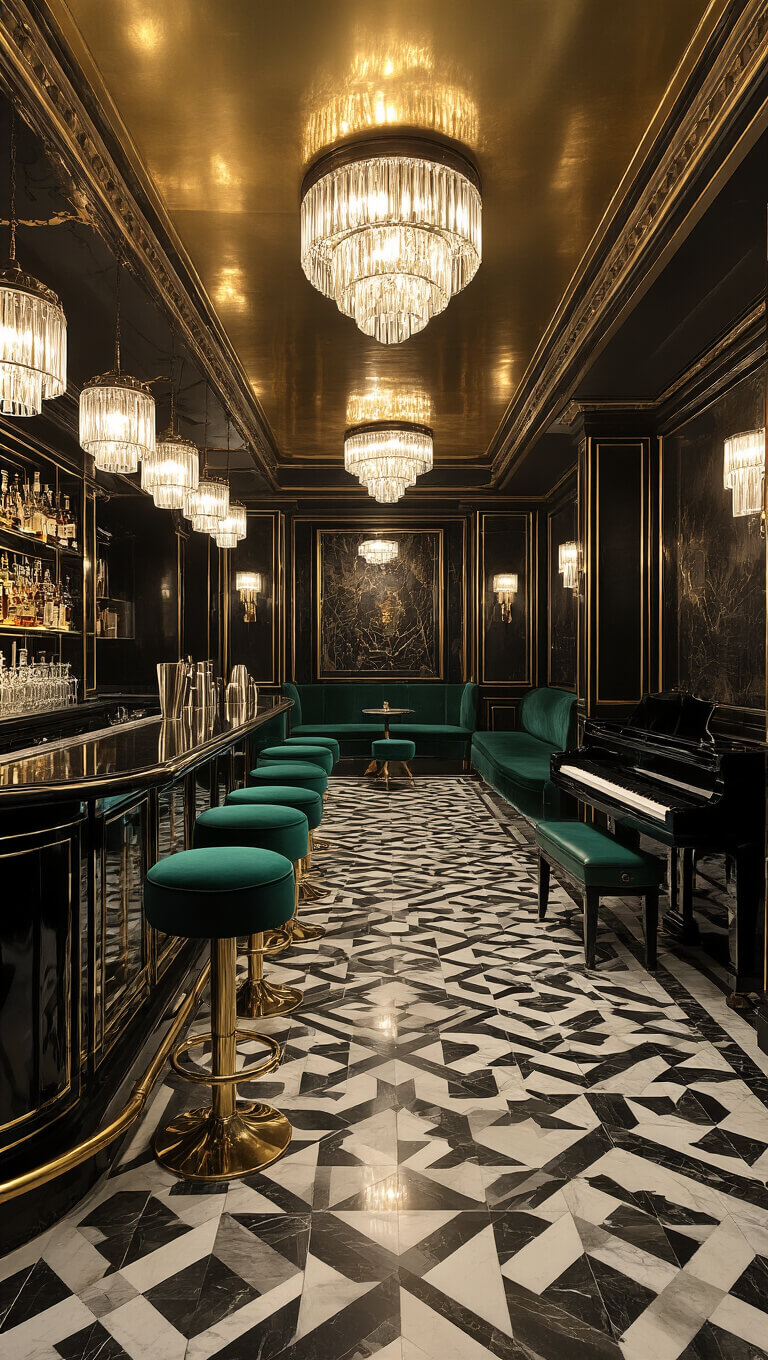 Art Deco basement bar with black and gold accents, emerald velvet stools, marble floors, crystal lighting, and a baby grand piano.