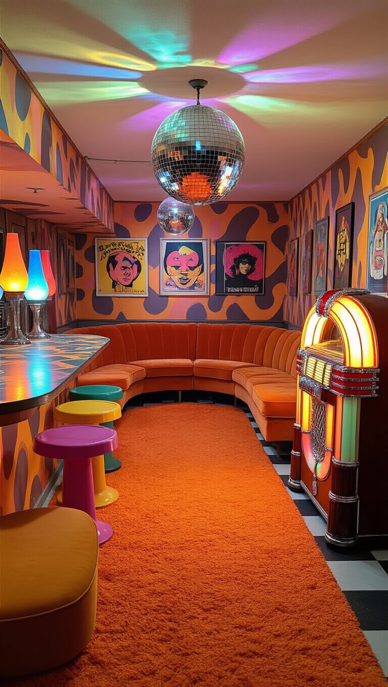 Wide-angle view of a retro 1970s basement bar with orange shag carpet, velvet seating in a sunken pit, curved psychedelic Formica bar, colorful plastic bar stools, disco ball, lava lamps, pop art posters, and a vintage jukebox under colorful gel lighting.