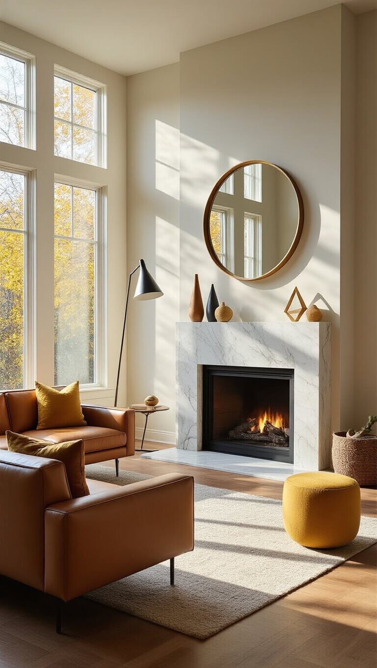 Midcentury modern living room with white marble fireplace, leather sofa, large windows, and minimalist decor in warm afternoon light.
