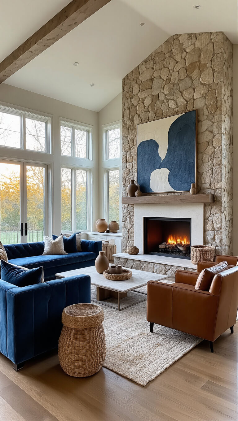 Elegant living room with textured fireplace, velvet sofa, leather armchairs, and golden hour lighting highlighting rich earth tones and deep blue accents.