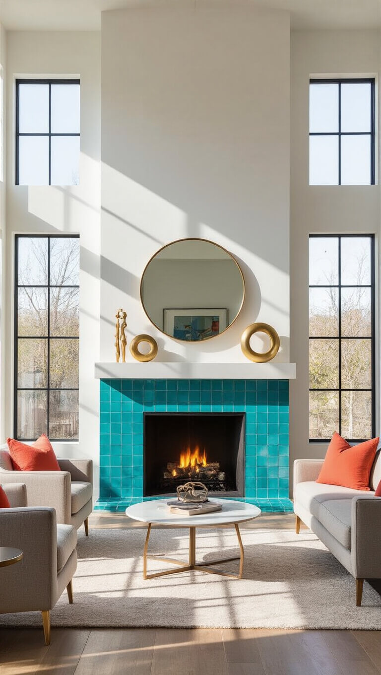 High-angle view of a modern 16x18-foot living room with a bold teal-tiled fireplace, white mantel, neutral contemporary furniture, industrial windows, and midday lighting highlighting teal, coral, and gold accents.