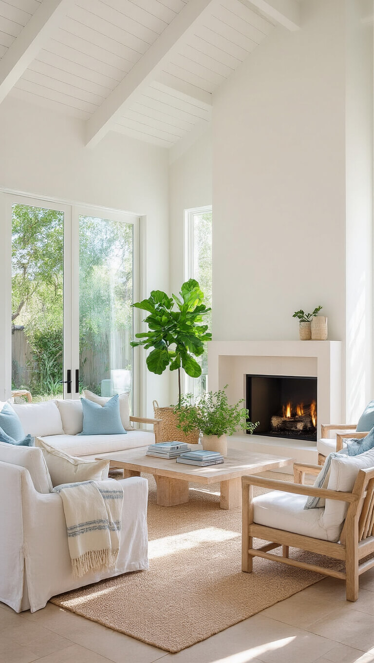 Bright summer living room with vaulted ceilings, modern white fireplace, light natural furniture, sea blue accents, greenery, and sliding glass doors to patio flooded with sunlight.