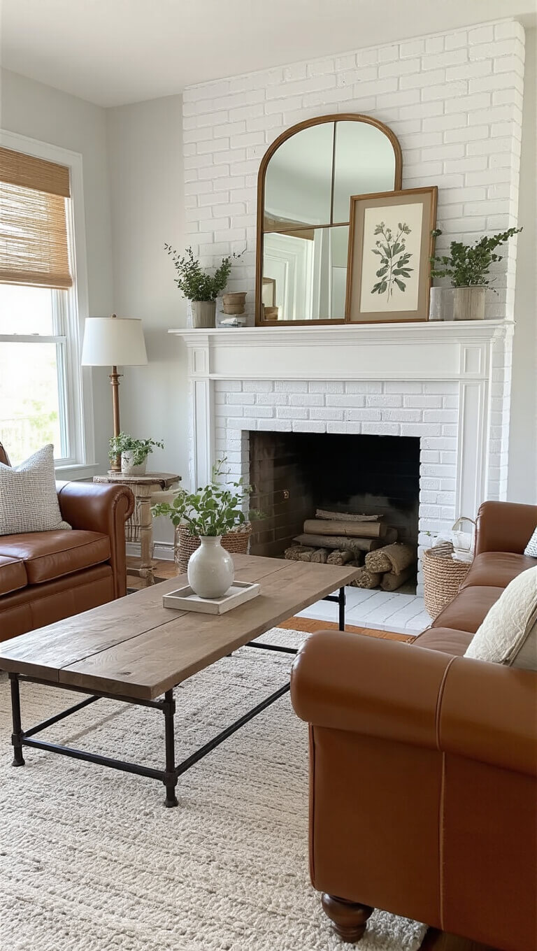 Cozy budget-friendly living room with a white-painted brick fireplace, vintage leather armchair, refurbished coffee table, neutral decor with dusty blue and sage accents, DIY artwork on the mantel, and warm ambient lighting.
