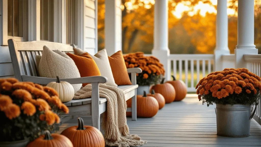 "Autumn porch with white columns, heirloom pumpkins, mums, wooden bench, cozy pillows, bathed in golden light"