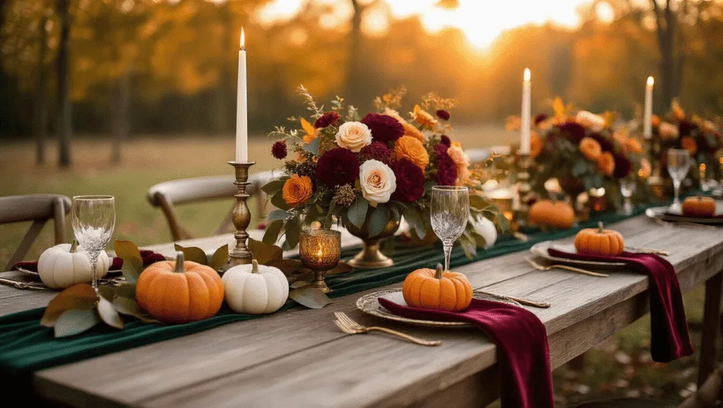 "Romantic fall wedding tablescape with burgundy and orange floral centerpieces, golden candlelight, velvet pumpkins, and magnolia leaves on rustic wooden tables"