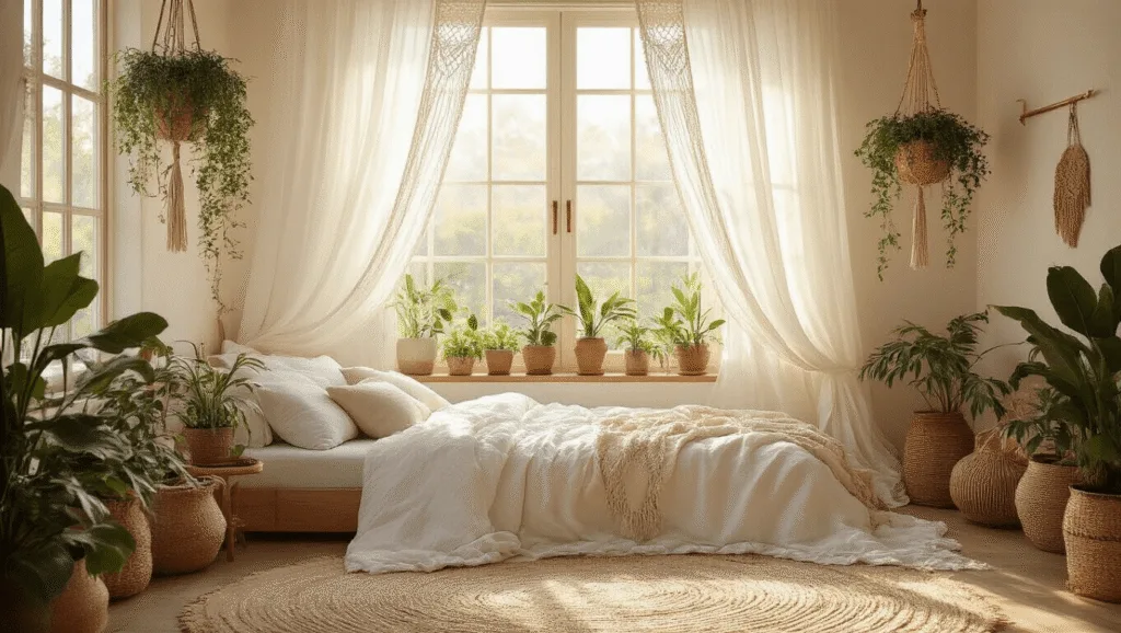 "Bohemian bedroom interior with sunlit floor-to-ceiling windows, macramé curtains, hanging plants, and vintage brass curtain rods"