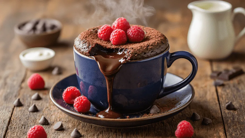 "Steaming chocolate lava cake in a mug with gooey center, fresh raspberries and cocoa powder on a rustic wooden table"