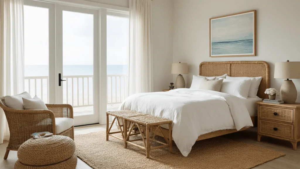 "Serene coastal bedroom with white linen bed, rattan furniture, jute rug, and soft morning light through sheer curtains, decorated in muted blues, sandy beige, and driftwood accents"