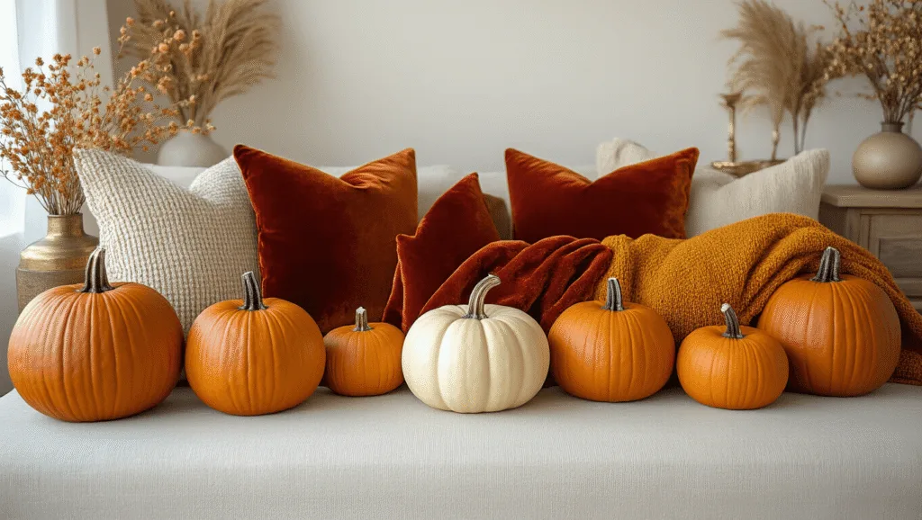 "Cozy autumn home decor with burnt orange pumpkins, velvet throws, golden lighting, and wooden elements against a neutral background"