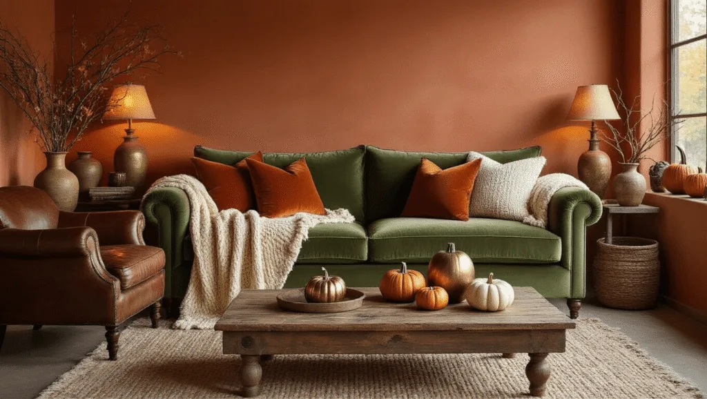"Cozy autumnal living room with sage velvet sofa, terracotta walls, chunky knit blankets, rustic décor, and warm lighting"