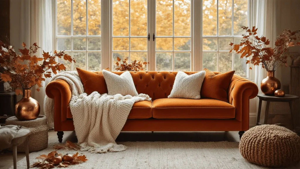 "Cozy autumn-inspired living room with burnt orange velvet sofa, chunky knit throws, dried leaves in copper vases, and warm sunlight pouring through a bay window"