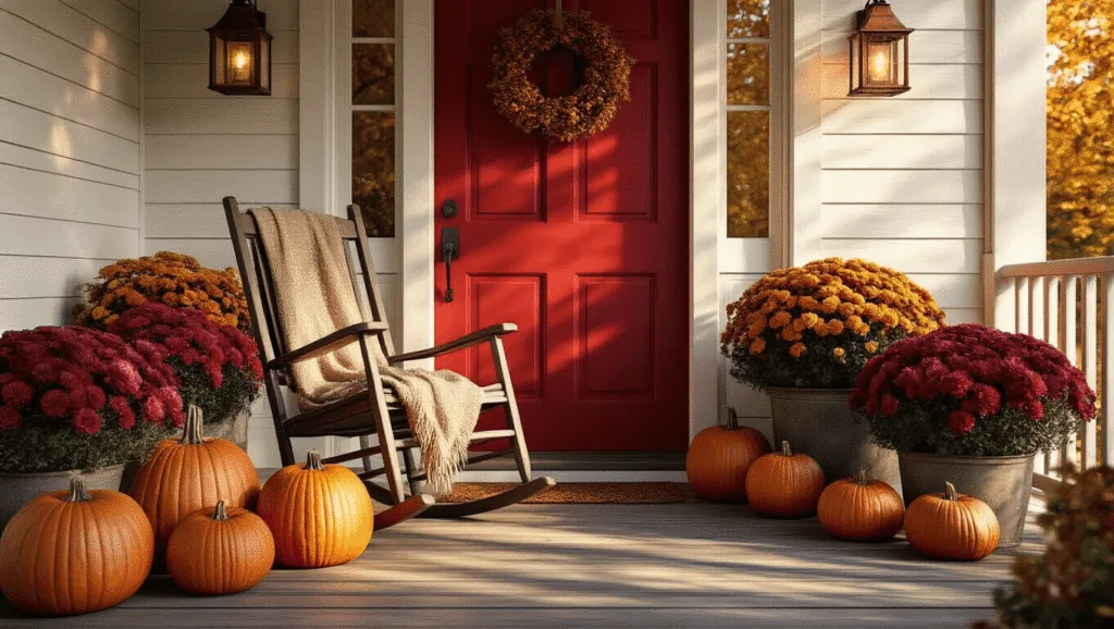 "Cozy autumn porch with a red door, vintage rocking chair, pumpkins, mums, copper lanterns, and throw blankets in the golden afternoon light"
