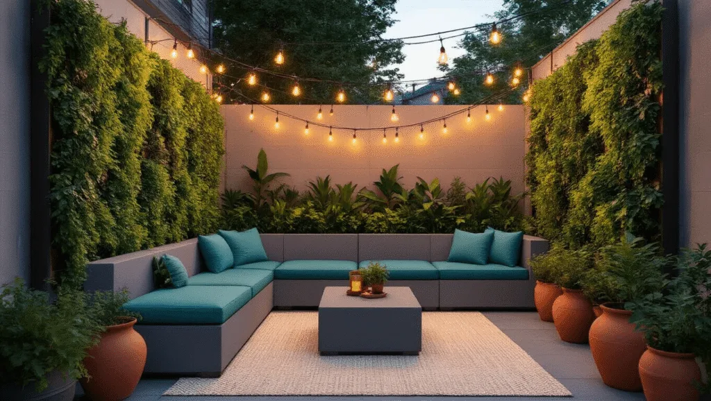"Urban backyard at twilight featuring vertical garden, gray modular seating, Edison string lights, terracotta planters, and textured cream-gray outdoor rug in golden hour lighting"