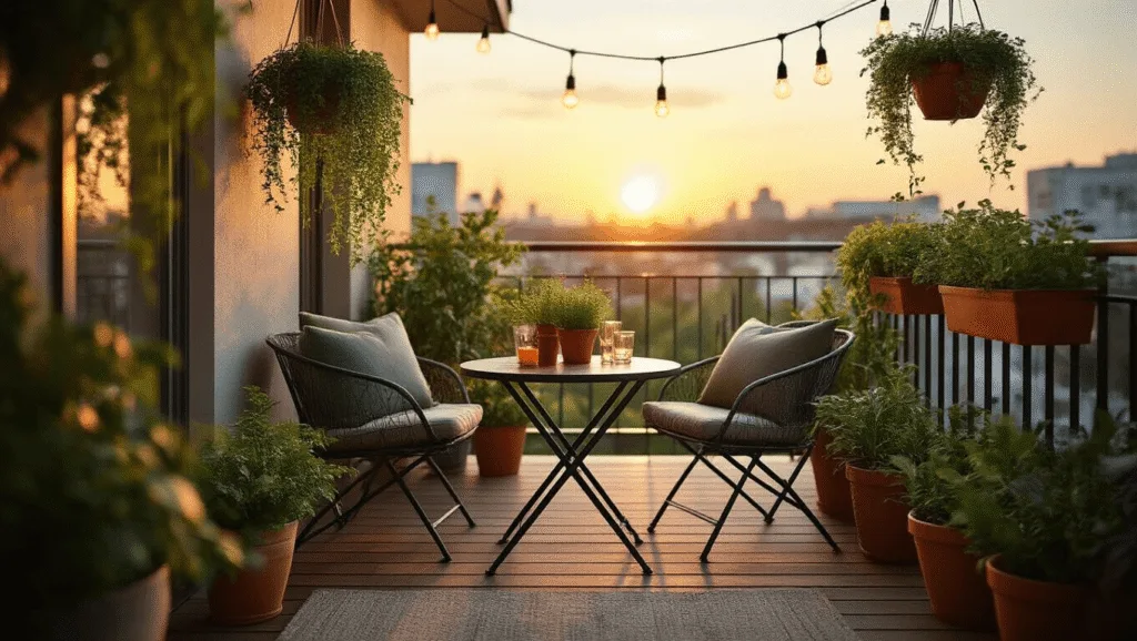 "Cozy urban balcony at sunset highlighted by string lights, hanging plants, a bistro set, and terracotta pots on wooden deck tiles"