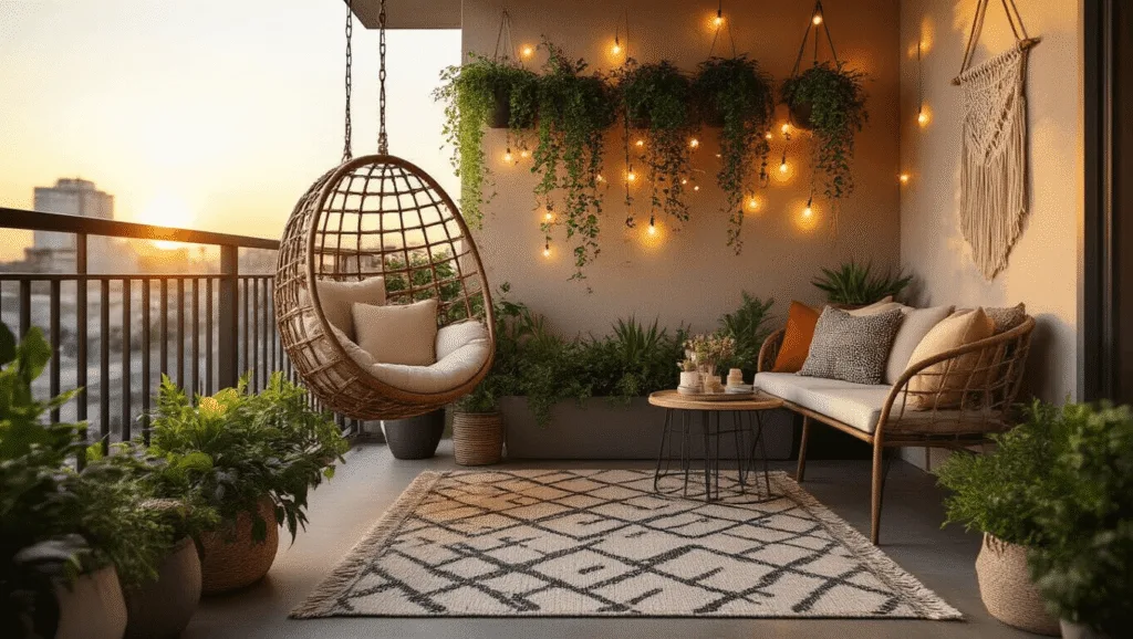 "Cozy urban balcony at sunset with rattan egg chair, string lights, vertical garden, outdoor rug, and bistro set"