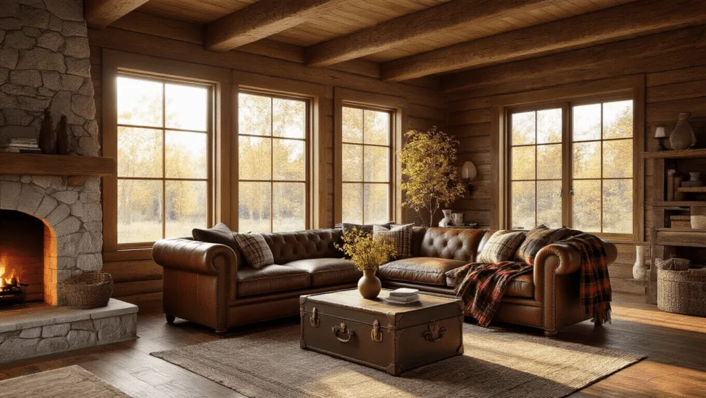 "Cozy rustic cabin interior with leather sofa, stone fireplace, wooden beams, and golden hour sunlight streaming through large windows"