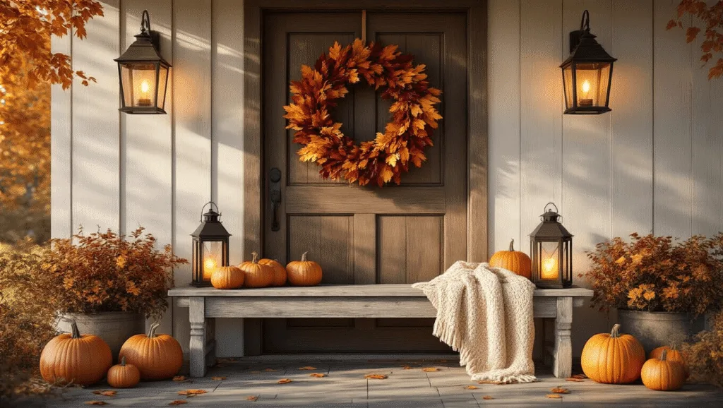 "Cozy fall entryway with wooden door, autumn wreath, pumpkins and lanterns"