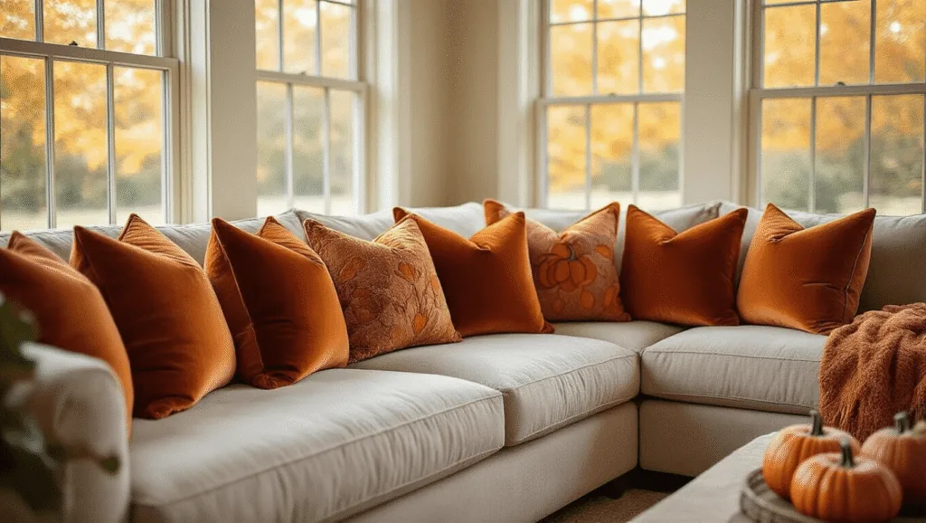 "Cozy fall living room with burnt orange, terracotta, and gold pillows on beige sectional, highlighted by warm afternoon light"