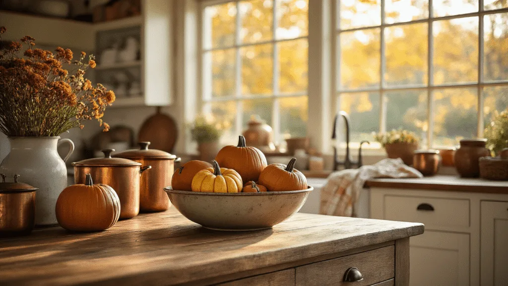 "Rustic farmhouse kitchen with wooden island, heirloom pumpkins in vintage ceramic bowl, copper cookware, artisinal pottery, bathed in morning light"