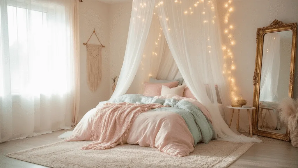 "Dreamy ethereal bedroom with white canopy bed, pastel bedding, fairy lights, and vintage gold mirror"