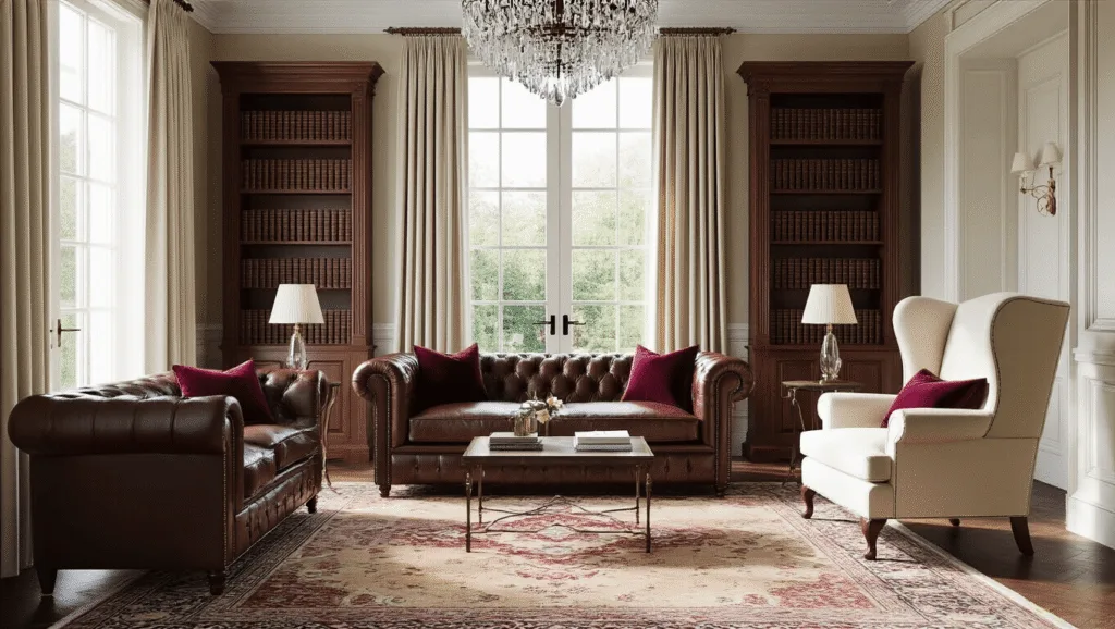 "Elegant living room with brown Chesterfield sofa, cream wingback chairs on a Persian rug, walnut bookshelves filled with books, floor-to-ceiling windows, and brass and velvet accents"