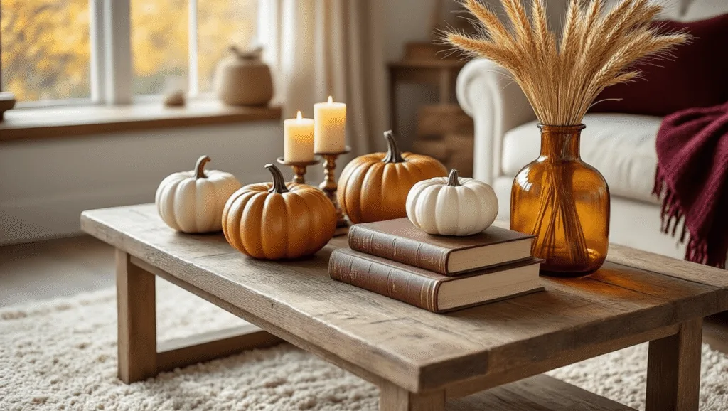 "Rustic fall coffee table decor featuring ceramic pumpkins, dried wheat, vintage books, candles on a wooden table, with a burgundy throw on cream rug under soft sunlight."