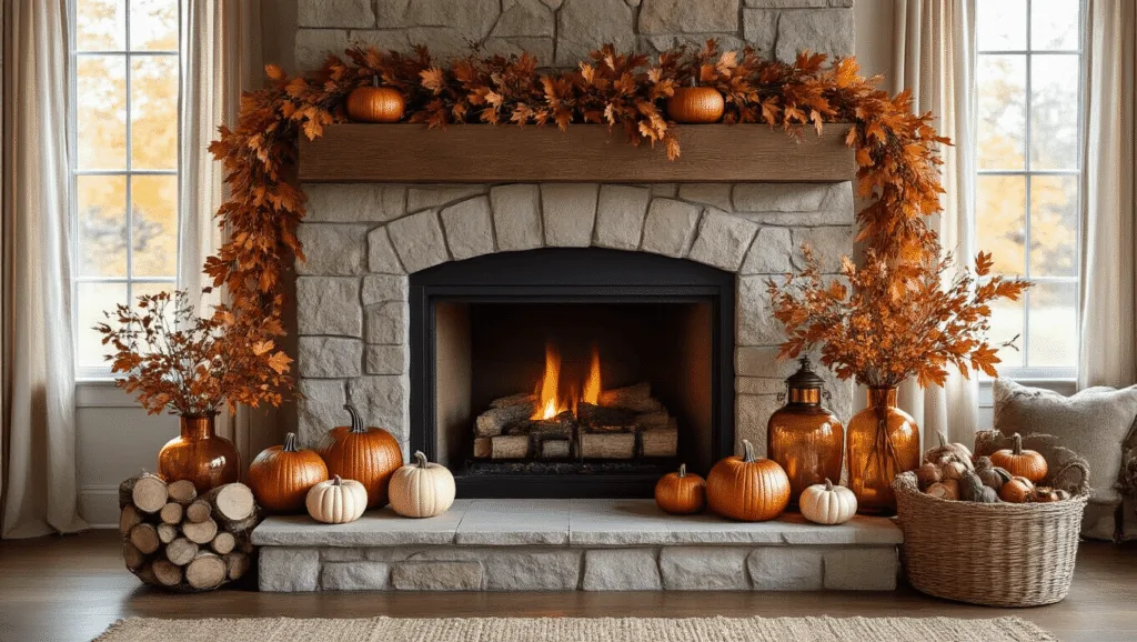 "Cozy living room with stone fireplace and fall mantel decor including copper pumpkins, amber glass vases, and vintage brass lanterns"