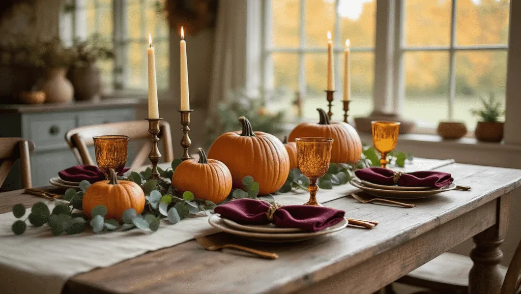 "Cozy fall dining table with heirloom pumpkins, ivory candles, eucalyptus garland, and amber glassware in warm morning light"
