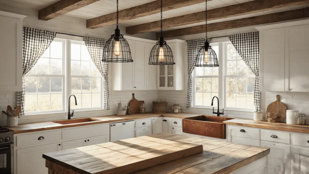 "Rustic farmhouse kitchen with black wire cage pendant lights, wooden beams, white cabinets, copper sink and gingham-curtained windows"