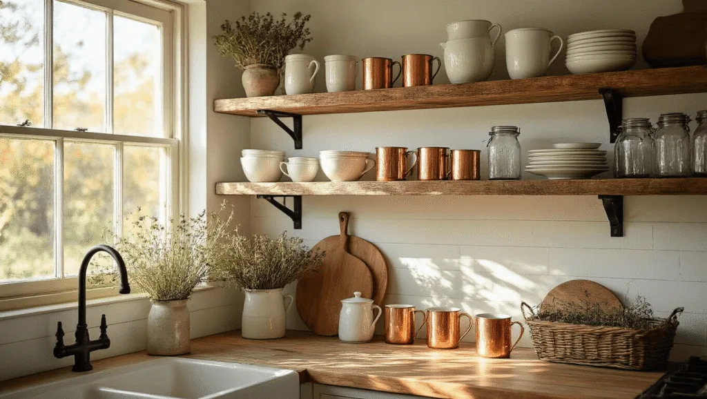 "Sunlit farmhouse kitchen with rustic wooden shelves displaying vintage crockery, copper mugs, dried herbs, and mason jars"