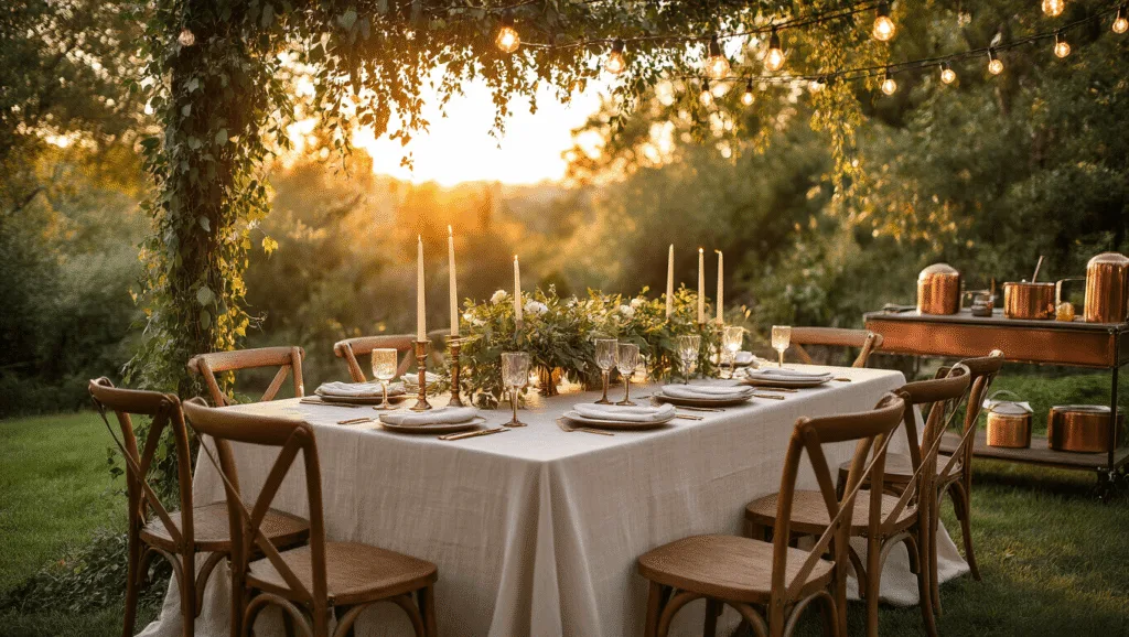 "Golden hour backyard wedding tablescape featuring a farm table, brass candlesticks, bistro lights and a rustic bar cart with copper accents"