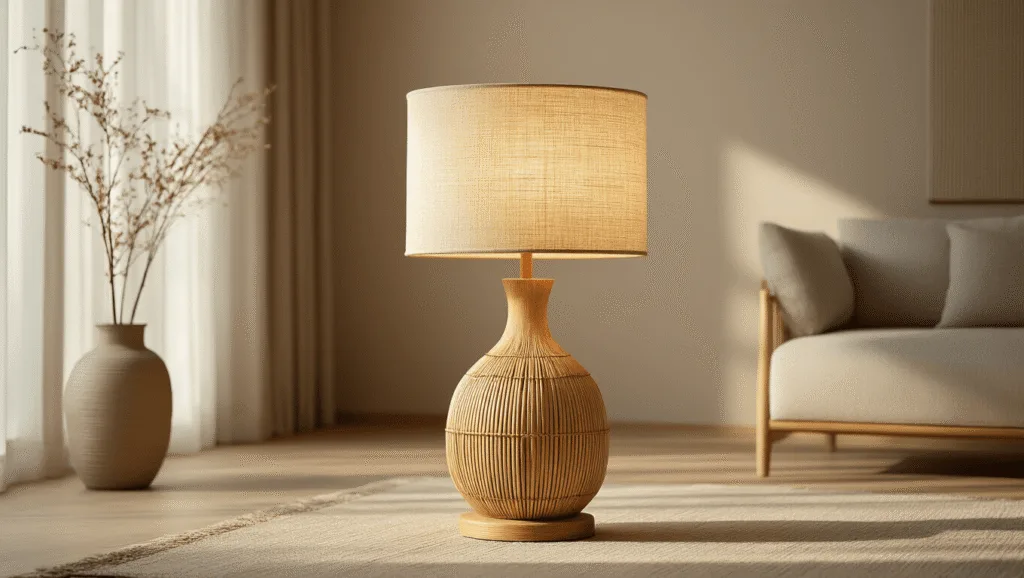 "Japandi-style floor lamp with bamboo base and linen shade in a minimalist living room during golden hour"