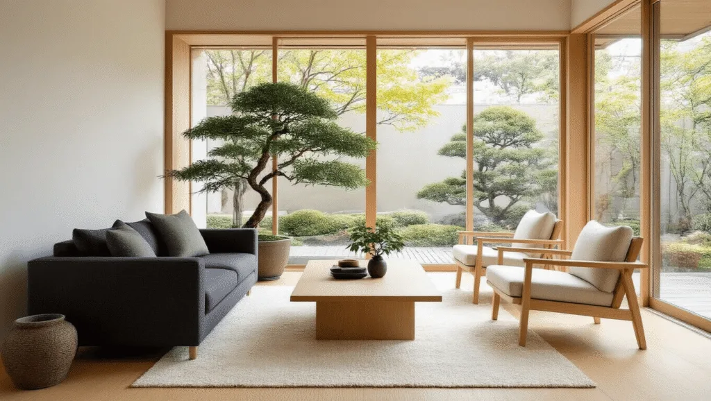 "Serene Japanese minimalist living room with bamboo flooring, charcoal sofa, light oak armchairs, and a Japanese maple bonsai by a large window"