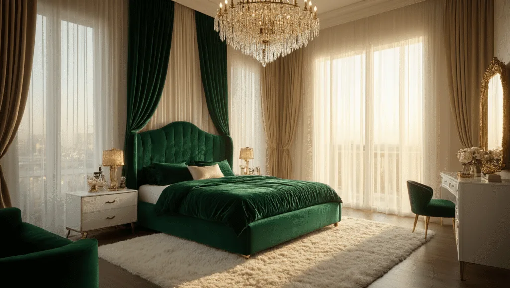 "Luxurious bedroom with emerald velvet bed, golden chandelier, white vanity and sheer curtains during golden hour"
