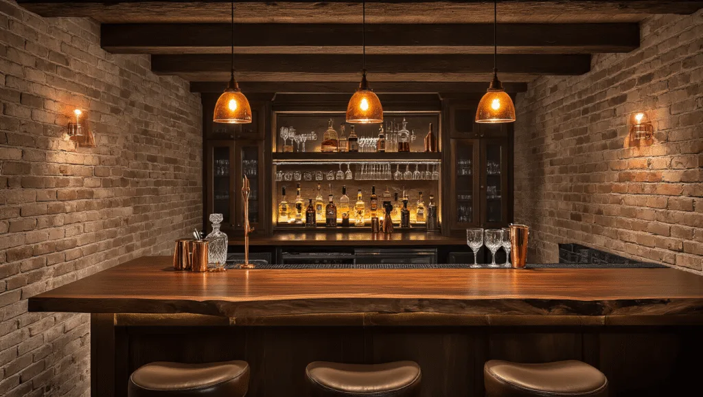 "Photorealistic digital art of a luxury basement bar with rustic walnut bartop, exposed brick walls, amber pendant lighting, and vintage glassware"