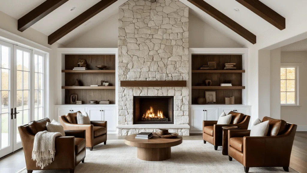 "Luxurious living room with white Shaker cabinets, grand stone fireplace, vaulted ceiling with exposed beams, walnut shelving, leather chairs, stylish bookshelves, and warm lighting"