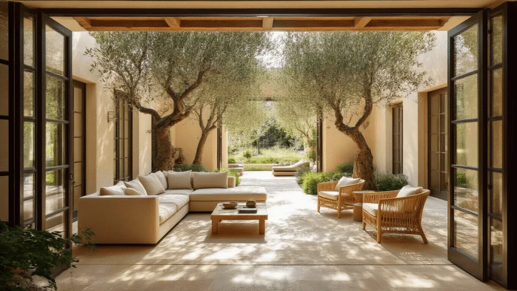 "Mediterranean house interior with glass doors, olive trees, and warm stone flooring in sunny afternoon light"