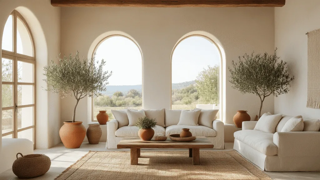"Mediterranean living room with sunlit arched windows, beige linen sofa, terracotta pots with olive trees, and rustic textures on ivory plaster walls"