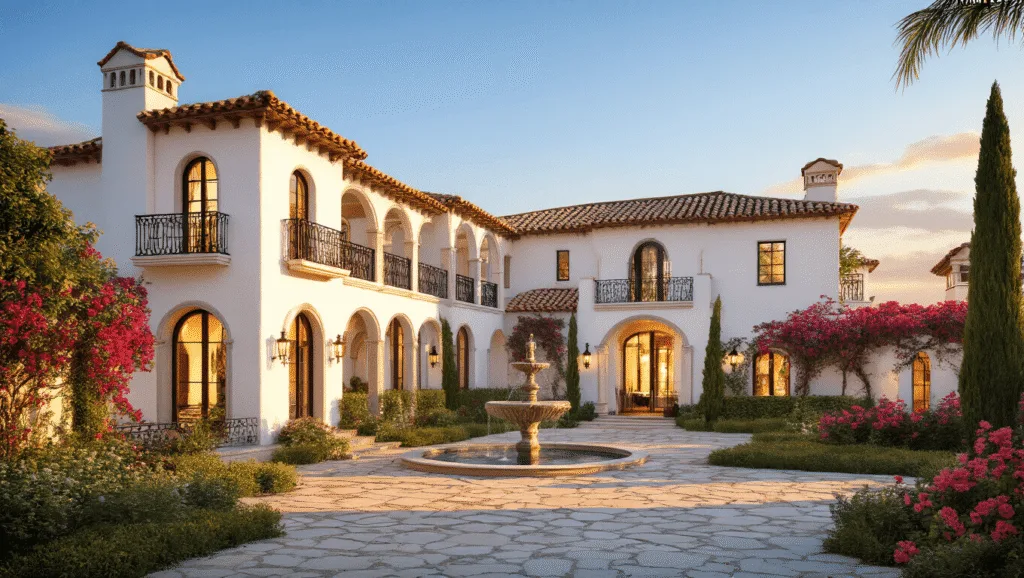 "Mediterranean villa with white stucco walls, terracotta roof, wrought iron details, and arched windows at sunset"