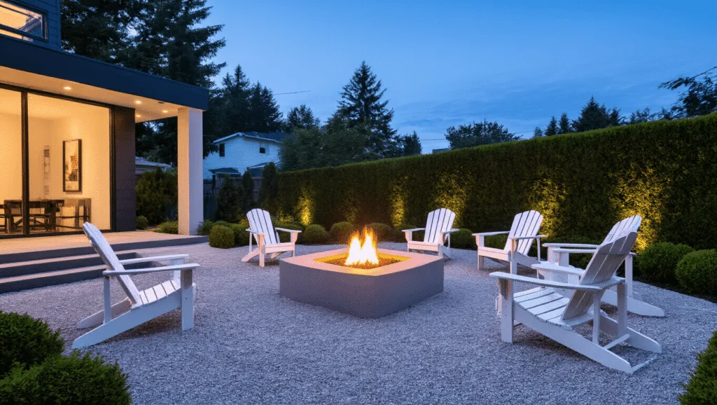 "Modern gravel backyard at twilight with concrete fire pit, white Adirondack chairs, illuminated boxwoods, under a cool blue twilight sky"
