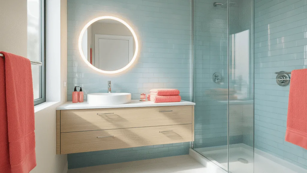 "Modern small bathroom with floating vanity, subway tiles, LED-lit mirror, glass shower, and coral accents, bathed in bright morning light"