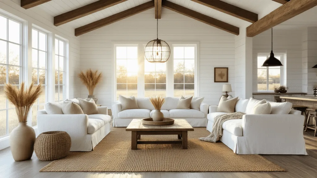 "Sunlit modern farmhouse living room with vaulted ceiling, exposed beams, white linen sofa, distressed wood coffee table on a jute rug, and decorative elements in 4K resolution"