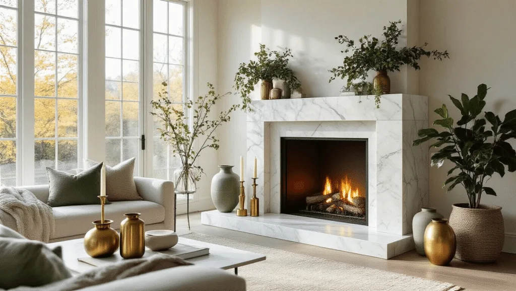 "Modern fireplace surrounded by brass candlesticks, textured ceramic vases, and lush greenery, illuminated by warm afternoon sunlight."