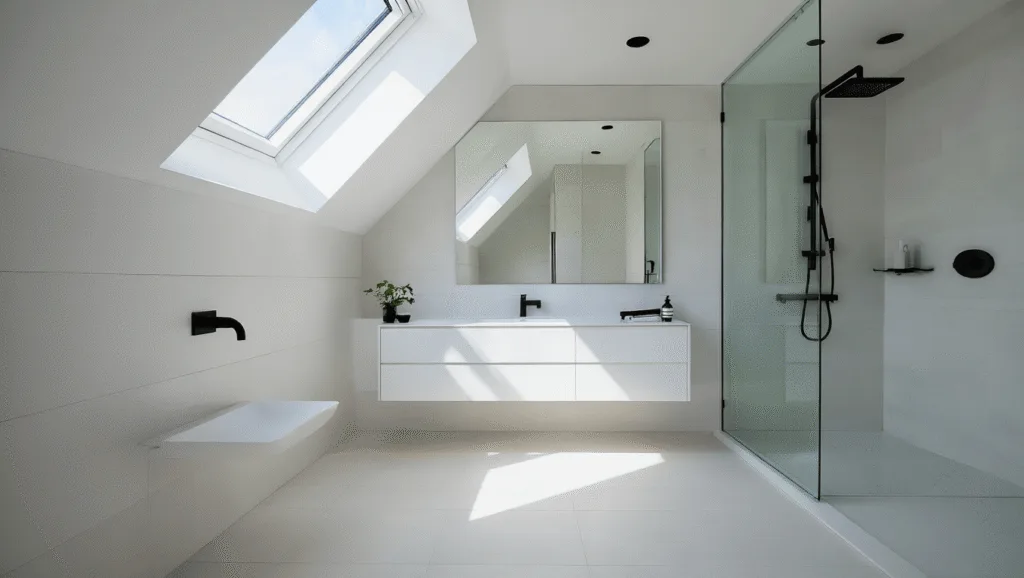"Modern minimalist bathroom with floating vanity, glass shower, white tiles, natural light and sleek fixtures"