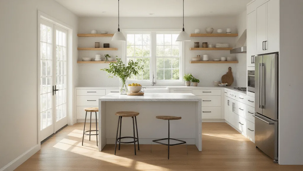 "Modern minimalist kitchen with white cabinets, quartz island, oak flooring, sunlit window, portraying a peaceful atmosphere with clean lines and natural textures"