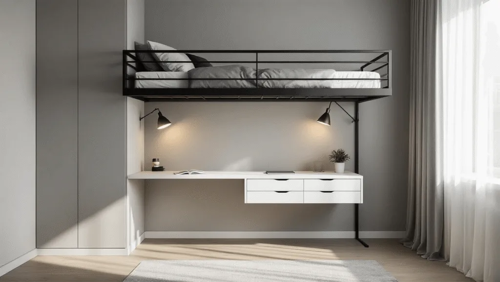 "Minimalist studio apartment with sleek black loft bed, white desk workspace underneath, and natural morning light through sheer curtains"