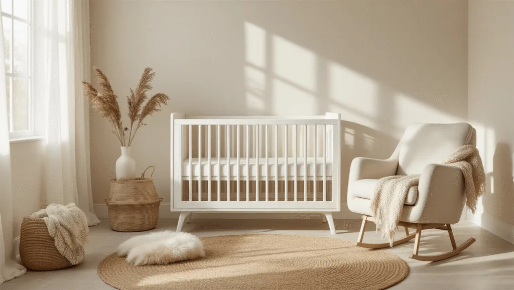 "Modern neutral nursery with white crib, oatmeal glider, jute rug, botanical accents, and soft morning light"